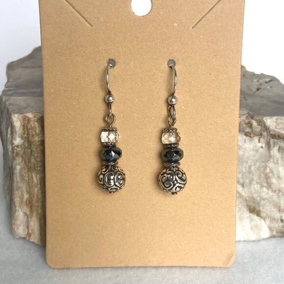 Sterling Silver 925 Faceted Glass Scrollwork Beaded Dangle Earrings - Picture 1 of 12